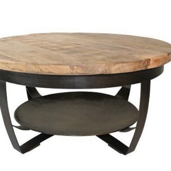 Een mooie ronde salontafel gemaakt van mangohout en staal.